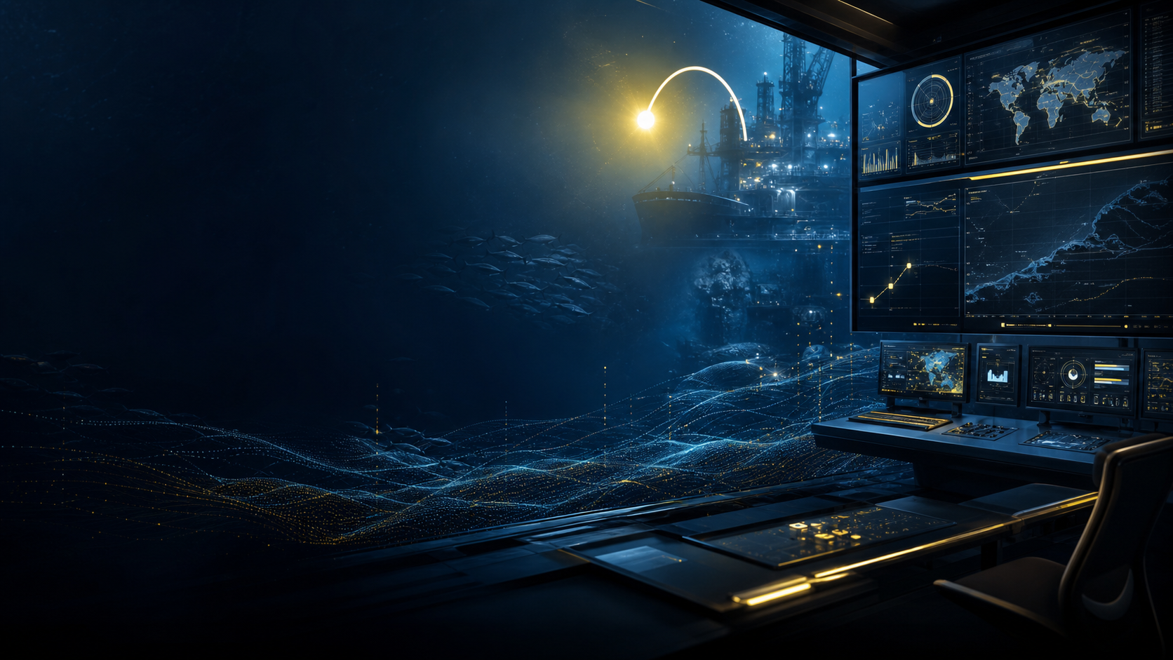 Abstract AI maritime operations interface with deep ocean lighting