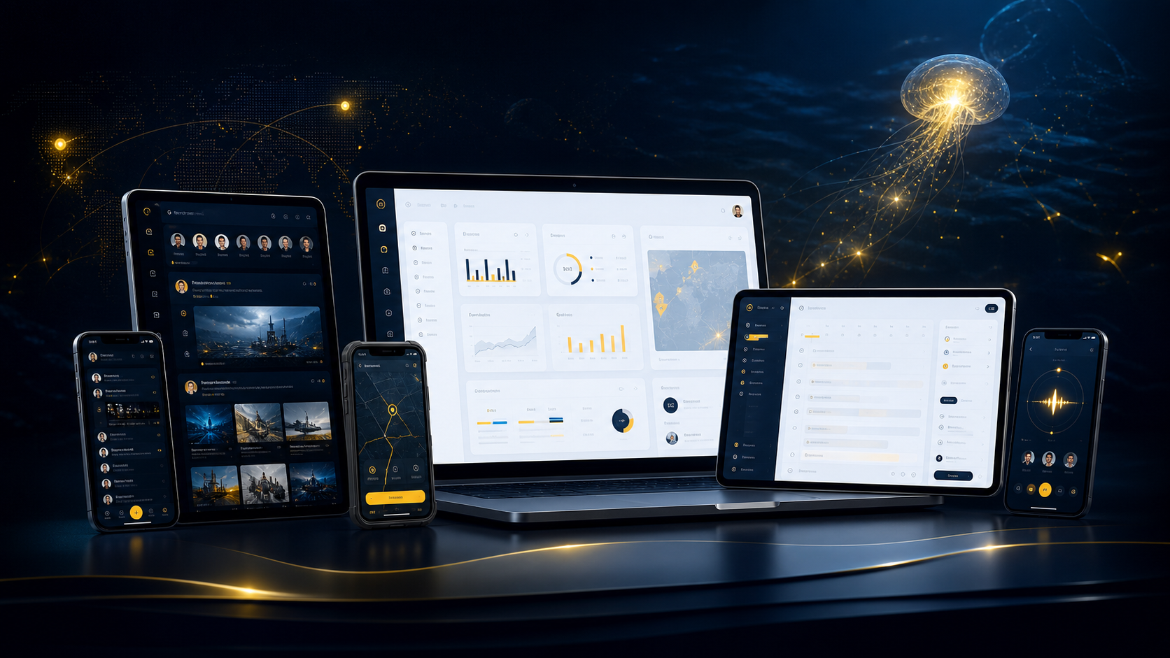 Product montage showing AI software interfaces